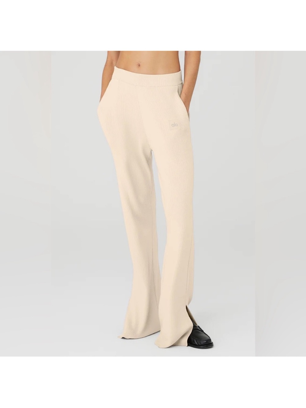 Alo Yoga Knit High Waist Salana Wide Leg Pants Size Medium Macadamia